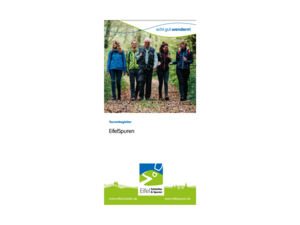 Urlaub in der Eifel mit Hund? Aber natürlich! Fünf Personen wandern auf einem Waldweg in Herbstkleidung.