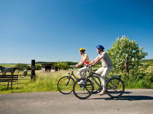 Holiday in the Eifel region with kids: action guaranteed Two people cycling on rural road next to pasture with horses under clear sky