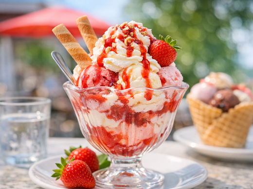 Experience flavour instead of just reading about it – exclusively for our guests Ice cream sundae with strawberry sauce, whipped cream, strawberries, and wafer rolls