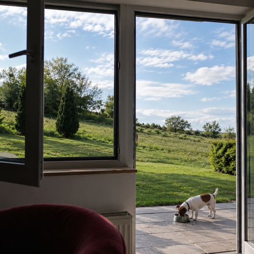 Ihre Unterkunft in der Eifel – Urlaub mit Hund Blick durch offene Fenster auf eine grüne Wiese mit Hund auf der Terrasse