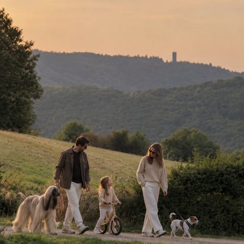 Ihre Unterkunft in der Eifel – Urlaub mit Hund Familie mit zwei Hunden und Laufrad beim Spaziergang in hügeliger Landschaft