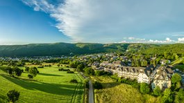 Ihre Unterkunft in Gemünd – Eifel-Urlaub voller Freiheit Dorf am Waldrand mit grünen Feldern und blauem Himmel bei Sonnenlicht.