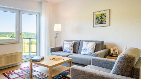Ferien in der Eifel: ein erster Einblick Helles Wohnzimmer mit grauem Sofa, Sessel, Holztisch und Blick ins Grüne