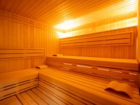 Herbst und Winterzauber in der Eifel genießen Helle Holzbänke und Wände in einer ruhigen Sauna mit Kopfstützen.