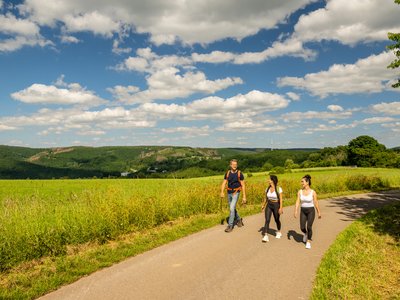 Urlaub in der Eifel: Abwechslung gefällig? Drei Personen wandern auf einem Weg in einer grünen Landschaft bei blauem Himmel