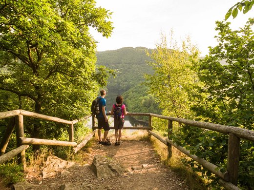 A holiday apartment in Schleiden-Gemünd at the national park Two hikers stand on a wooden path looking at a forested valley and river