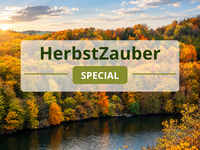 Herbst und Winterzauber in der Eifel genießen Herbstwald am See im Abendlicht mit dem Schriftzug HerbstZauber Special