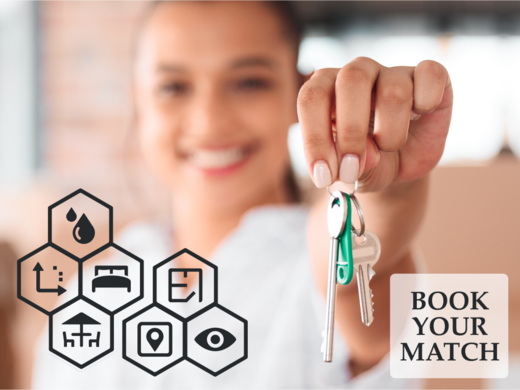 Ihre Unterkunft in Gemünd – Eifel-Urlaub voller Freiheit Frau hält Wohnungsschlüssel vor Symbole von Wohnungsmerkmalen und Text Buch deinen Treffer