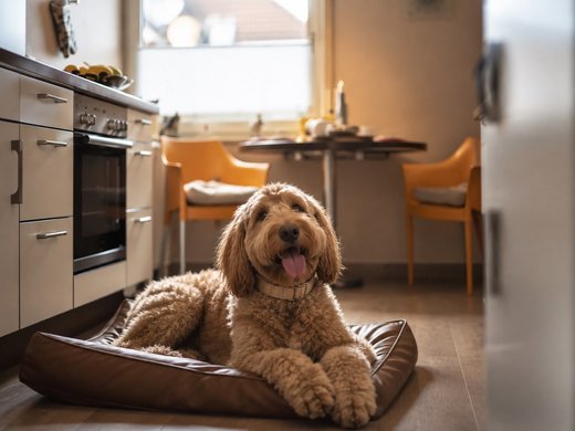 Ihre Unterkunft in der Eifel – Urlaub mit Hund Lockiger Hund liegt in einem Hundebett in einer Küche mit Essbereich