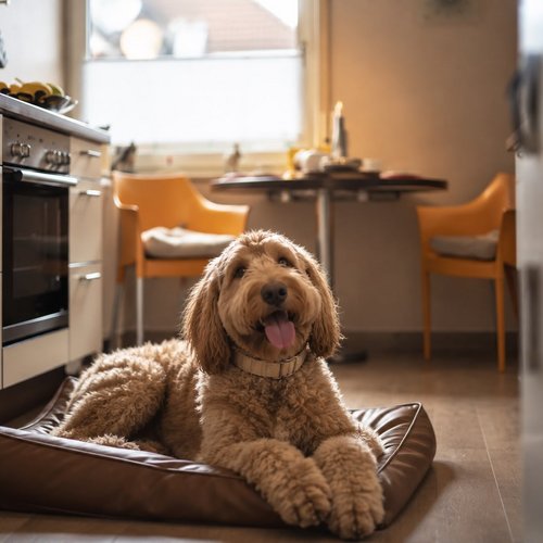Ihre Unterkunft in der Eifel – Urlaub mit Hund Lockiger Hund liegt in einem Hundebett in einer Küche mit Essbereich